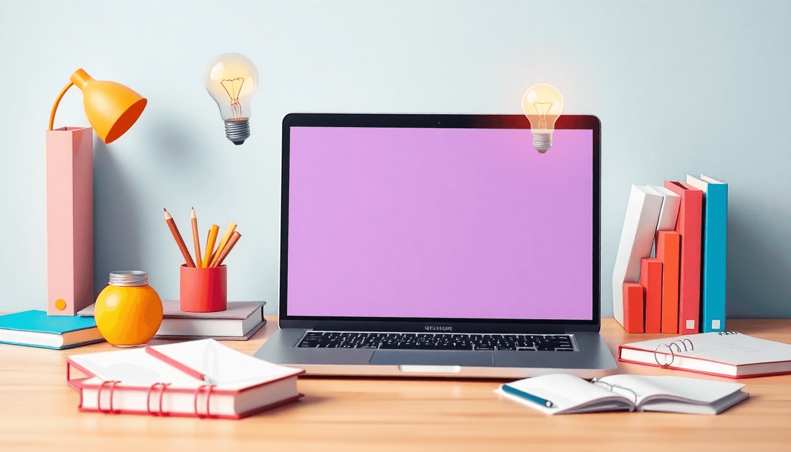 A laptop on a desk surrounded by books and notepads, with a light bulb and growth graph, symbolizing online learning and innovation in a bright, minimalist styl