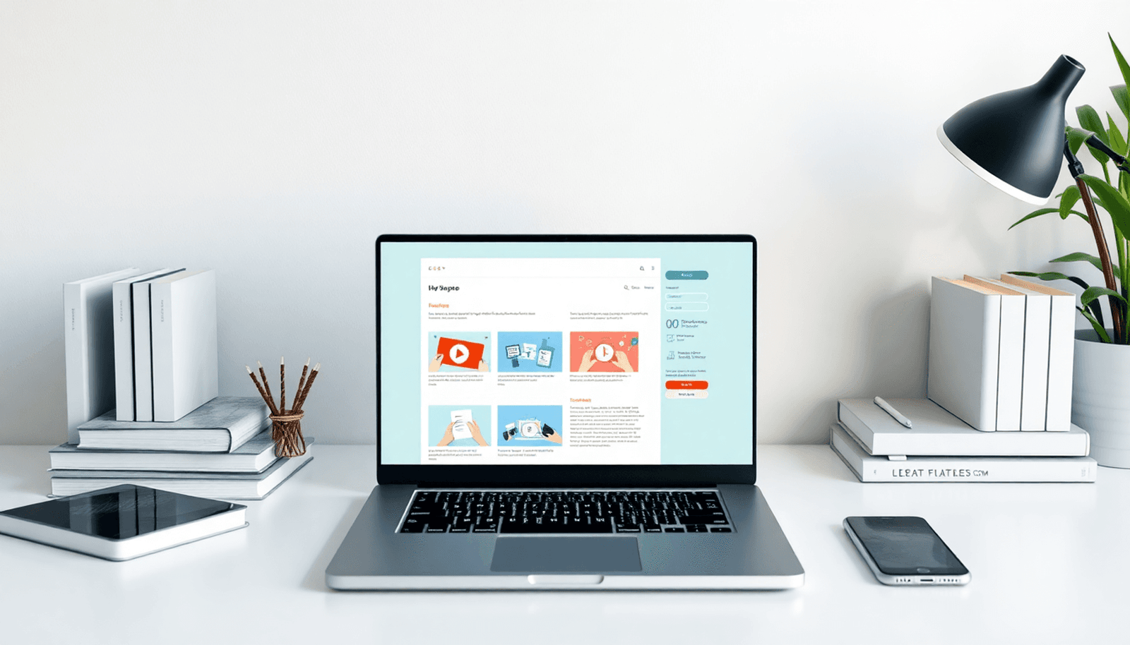 Minimalist workspace with a laptop showing an online learning platform, surrounded by books and digital devices, symbolizing building a focused micro-academy.