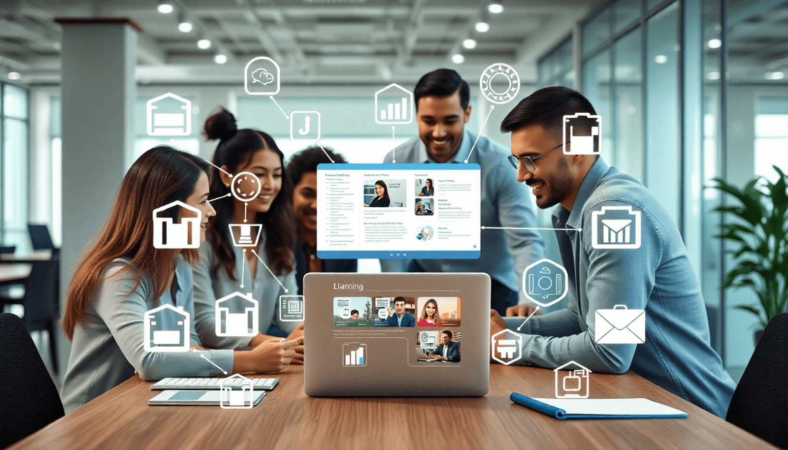 Business professionals collaborating around a laptop with e-learning content, surrounded by digital icons of online education tools in a minimalist office.