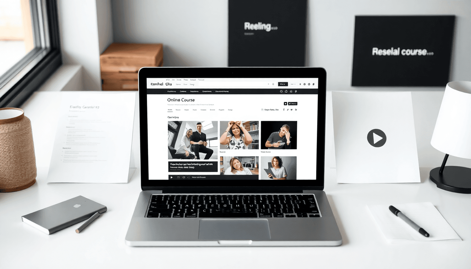 Modern workspace with laptop showing online course platform, surrounded by notes and branding materials in a minimalist style.