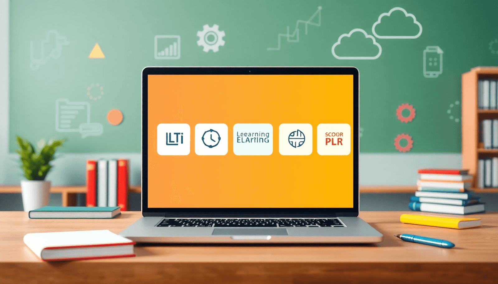 Laptop screen with e-learning platform icons for LTI, SCORM, PLR, surrounded by books, gears, and cloud graphics in a bright, minimalist digital classroom.