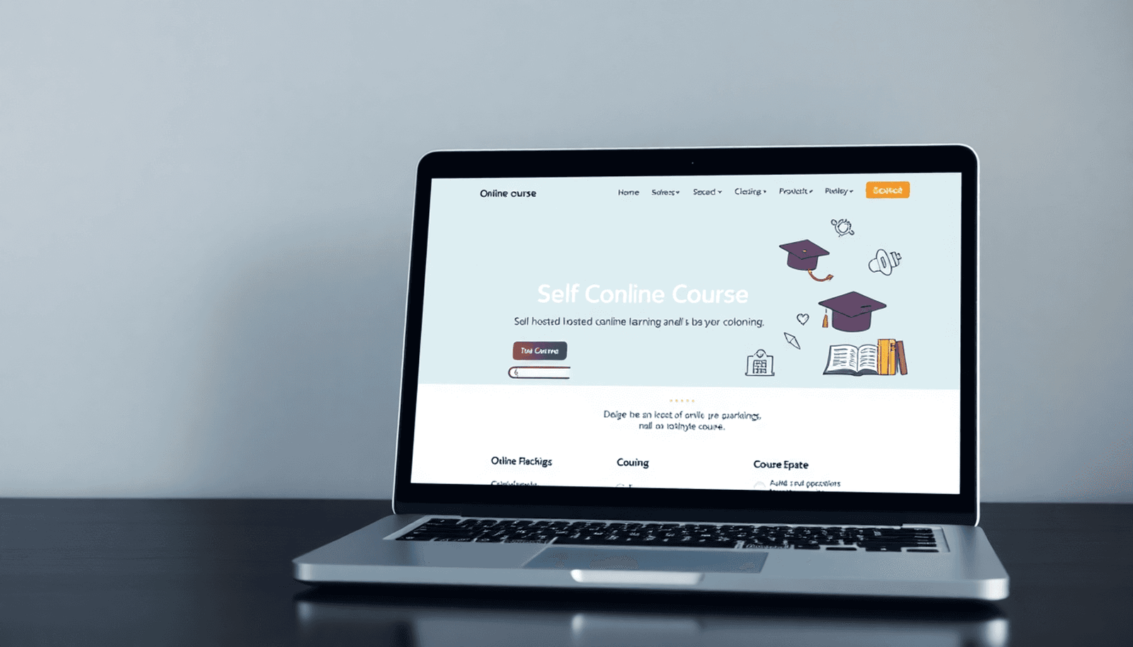 Laptop screen showing a minimalist online course platform with icons of books, graduation cap, and coding symbols for self-hosted learning.