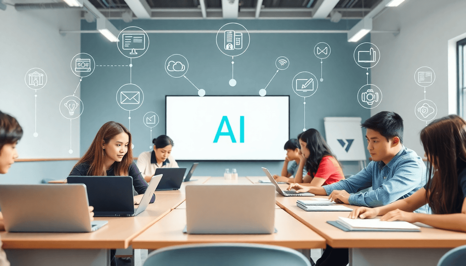 Students in a bright classroom using laptops and tablets, surrounded by digital icons of AI, education, and technology integration in a minimalist style.