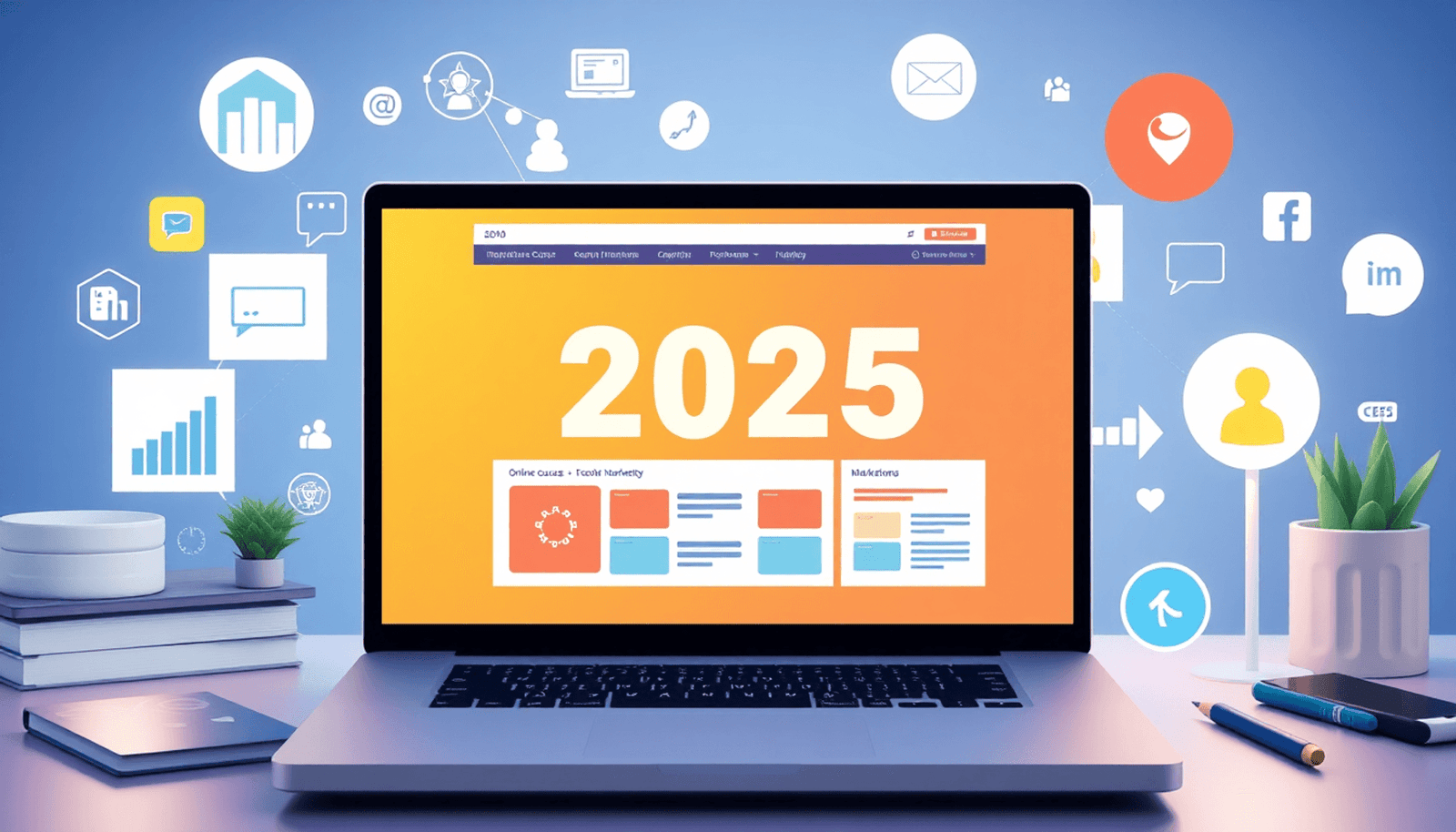 A laptop showing an online course platform surrounded by SEO graphs, social media logos, and influencer icons in a bright digital workspace.