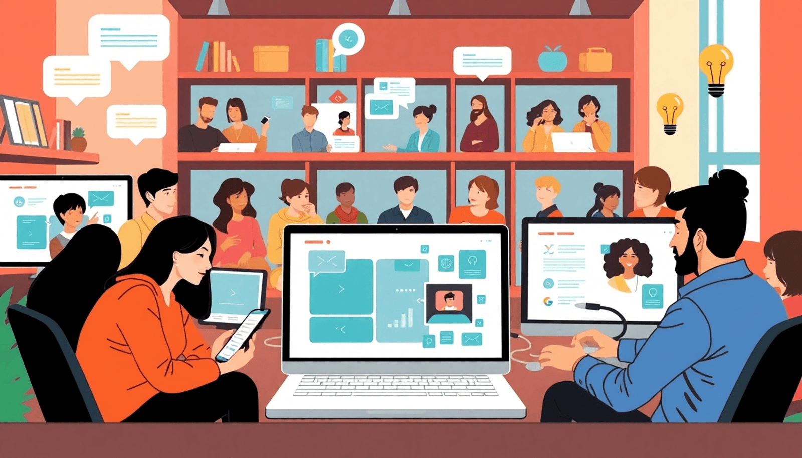 Minimalist illustration of diverse people sharing skills online with digital devices, chat bubbles, and lightbulbs symbolizing learning and collaboration.