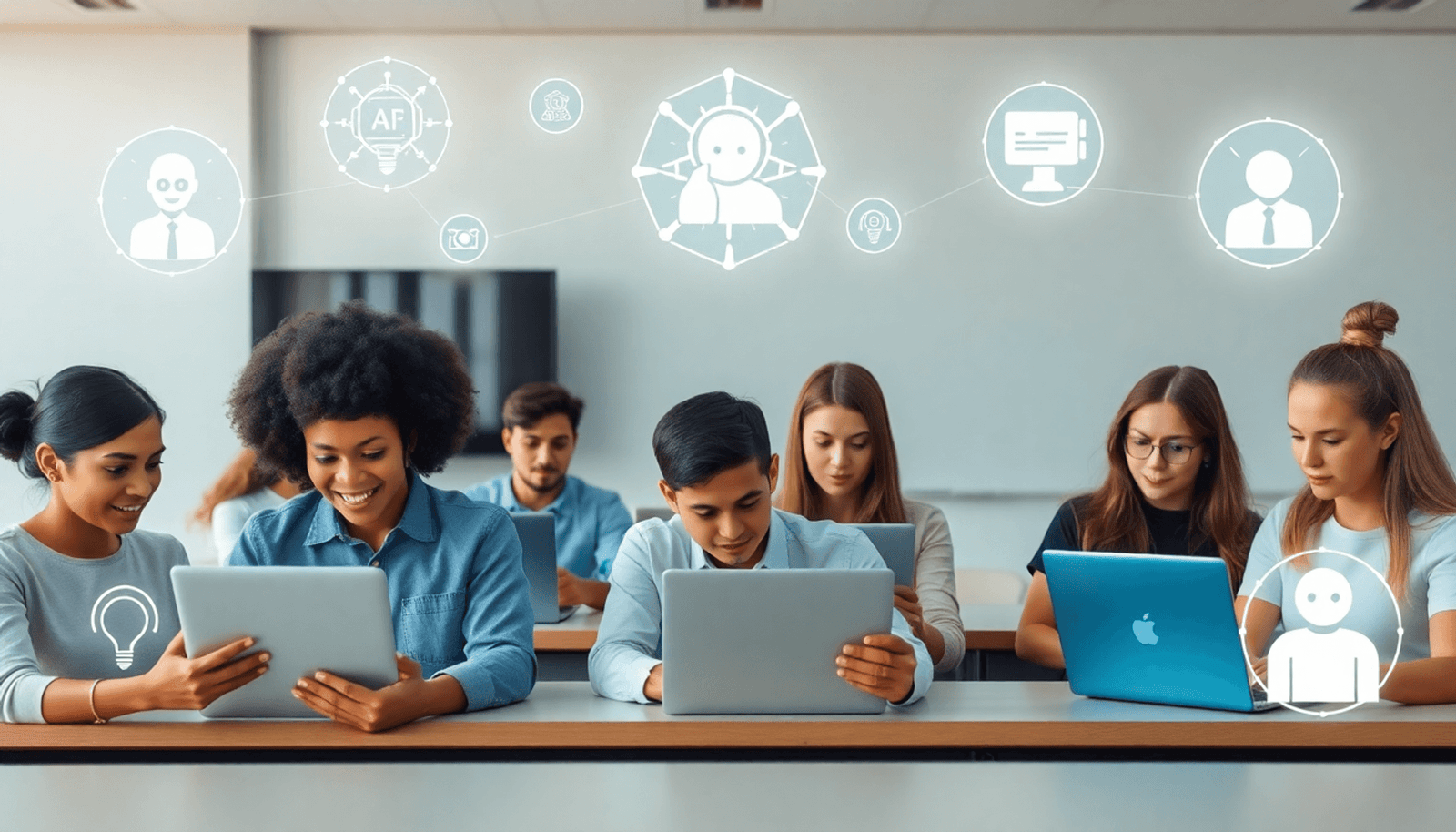 Modern classroom with students using laptops and tablets, surrounded by digital AI and chatbot icons, symbolizing generative AI enhancing personalized education