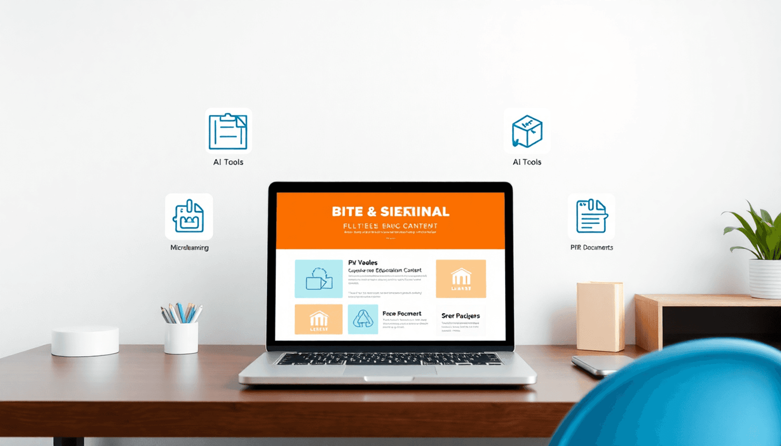 Laptop showing bite-sized learning content, surrounded by icons for AI tools, microlearning, and documents, in a clean, bright minimalist workspace.