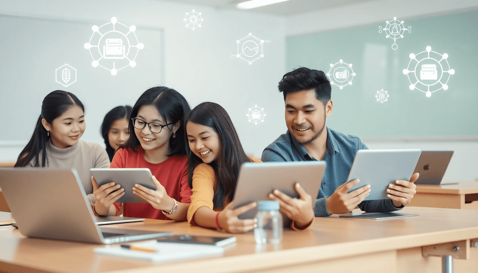 Students using laptops and tablets in a modern digital classroom with floating AI icons and data visualizations, minimalist style.