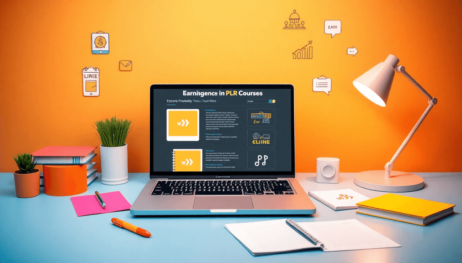 Minimalist workspace with laptop showing online course, surrounded by notes and digital marketing icons, representing earning through PLR courses and online bus