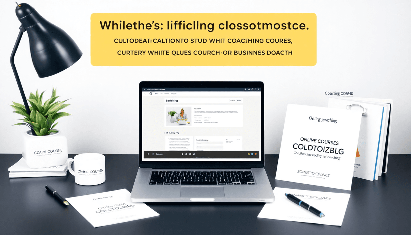 Modern workspace with laptop showing online course, surrounded by coaching materials and notes, highlighting customizable white label courses for business growt