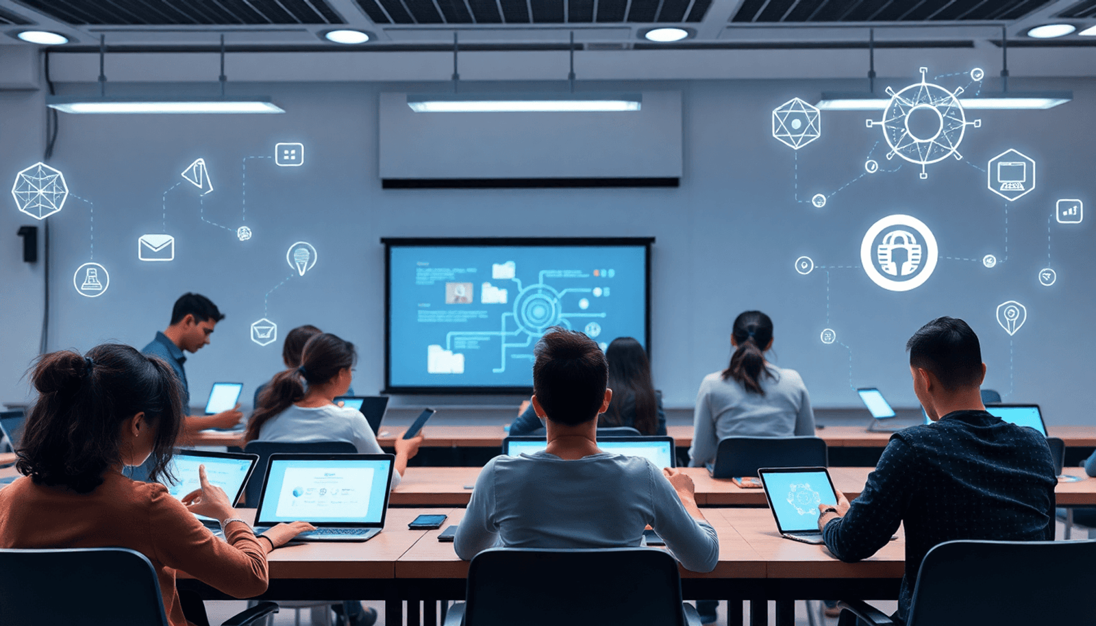 Modern digital classroom with learners using devices, AI icons and neural network symbols in the background, minimalist style.