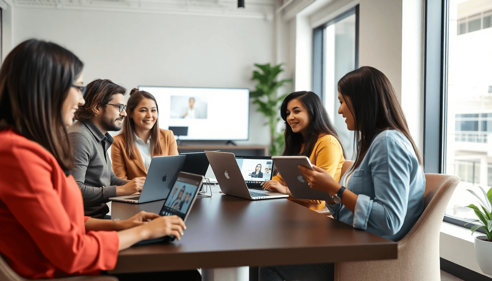 A modern small office with employees engaged in an online video training session on laptops and tablets, showcasing teamwork and professional growth.