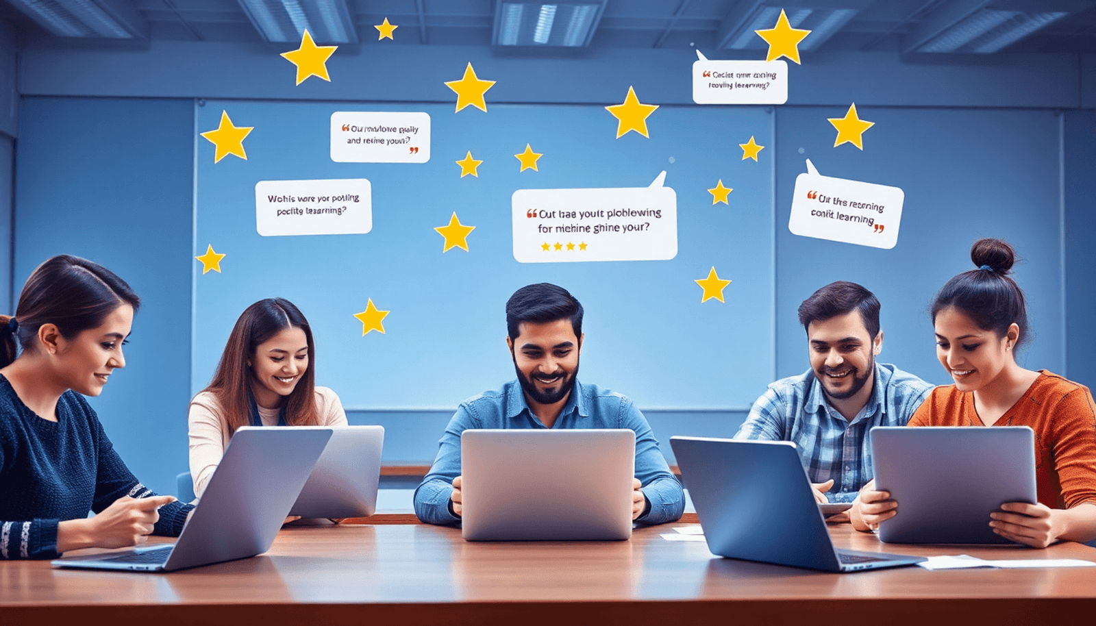Students using laptops and tablets in a bright digital classroom with floating stars and testimonial bubbles symbolizing trust in online learning.