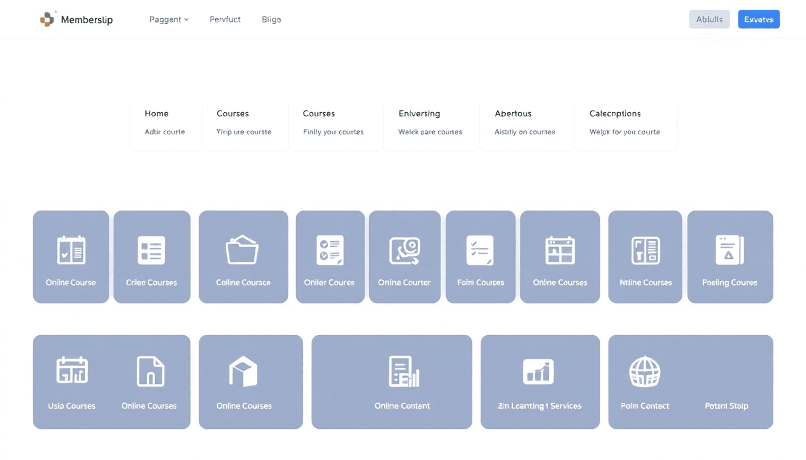 Interface of a digital membership platform showing online courses, subscription options, and icons for recurring revenue and content access on a clean backgroun