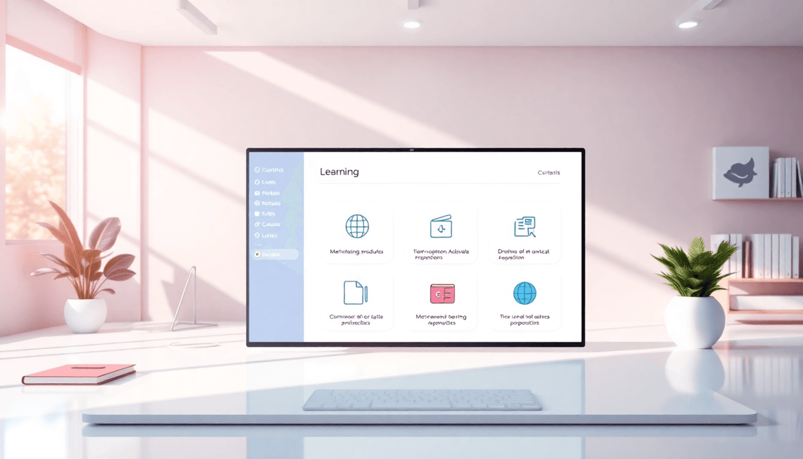 Modern e-learning platform interface with customizable branding, microlearning module icons, and online course visuals on a bright, clean background.