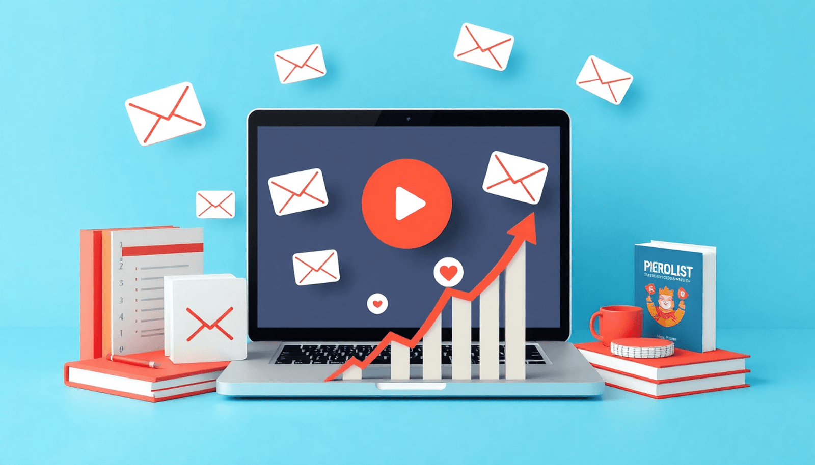 Laptop surrounded by email icons, e-books, video play buttons, and course materials around a rising email list graph in a realistic digital marketing scene.