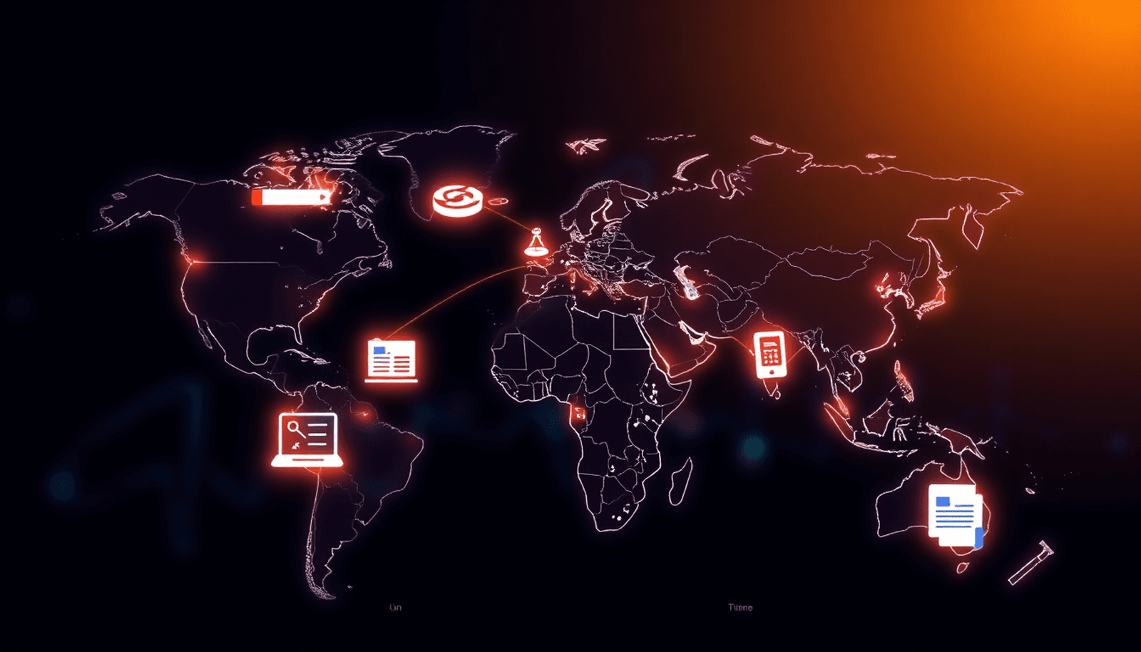 Digital world map with glowing connection lines, online course icons, and legal documents representing global education and international licensing.