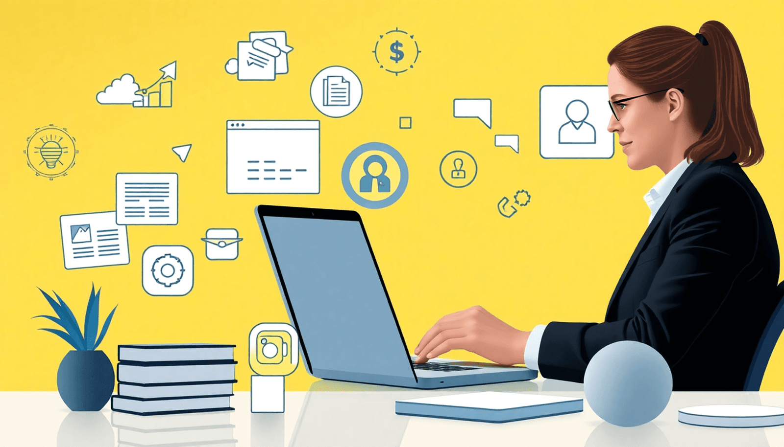 A professional coach working on a laptop surrounded by digital course materials and online learning icons with a bright, motivating background.