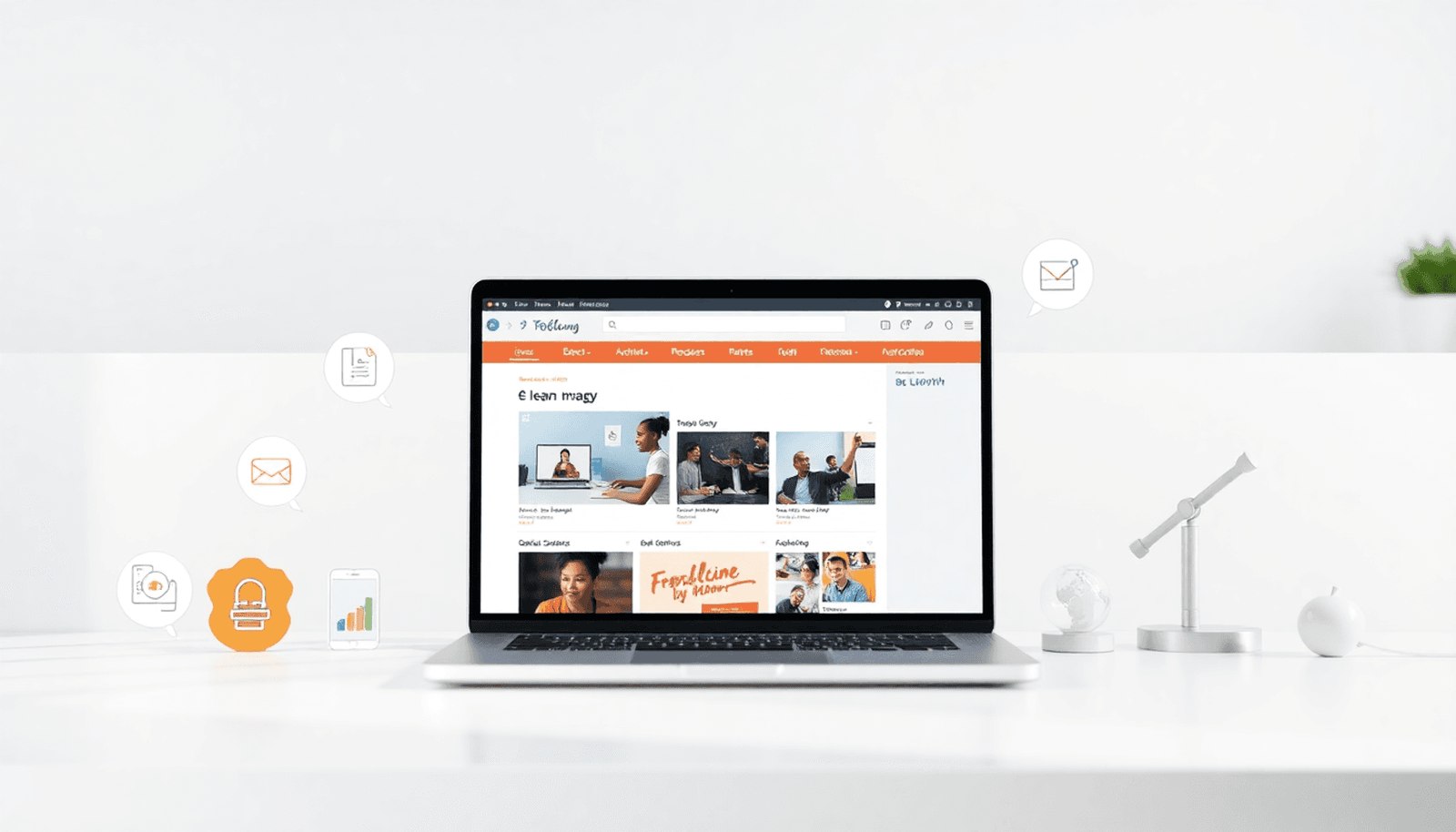 Laptop showing e-learning platform with course thumbnails, surrounded by icons for subscription, education, and growth on a bright, clean background.