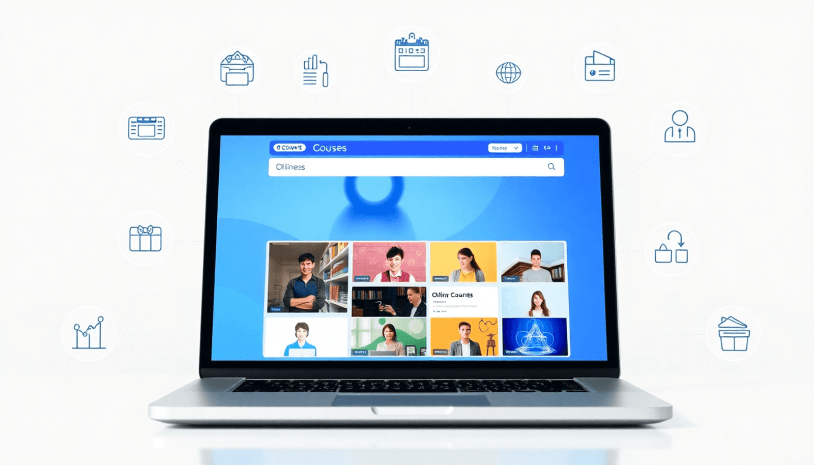Laptop showing a modern digital marketplace with online courses, surrounded by icons for analytics, marketing, support, and legal tools in a clean design.