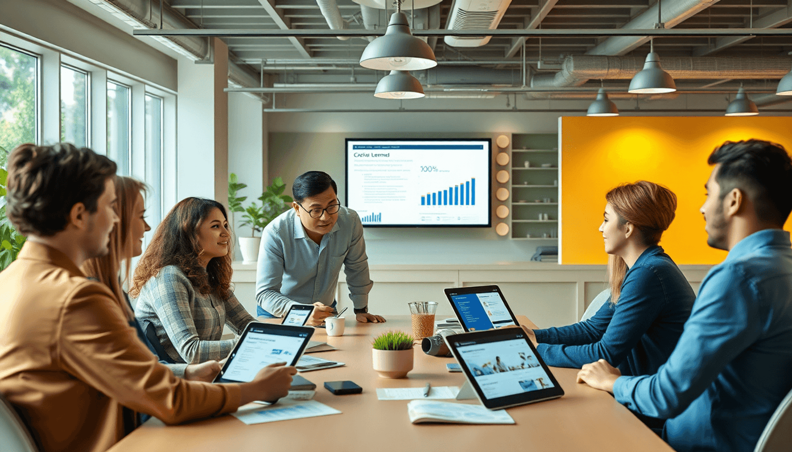 A modern workspace with a group collaborating around a table, digital devices display course content and feedback charts, symbolizing user-centric design and en