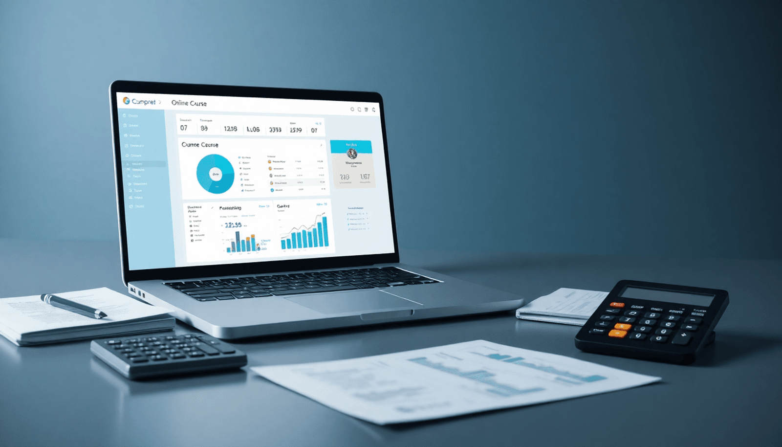 A laptop with an online course dashboard on screen, surrounded by notes, a calculator, and financial charts on a modern workspace.