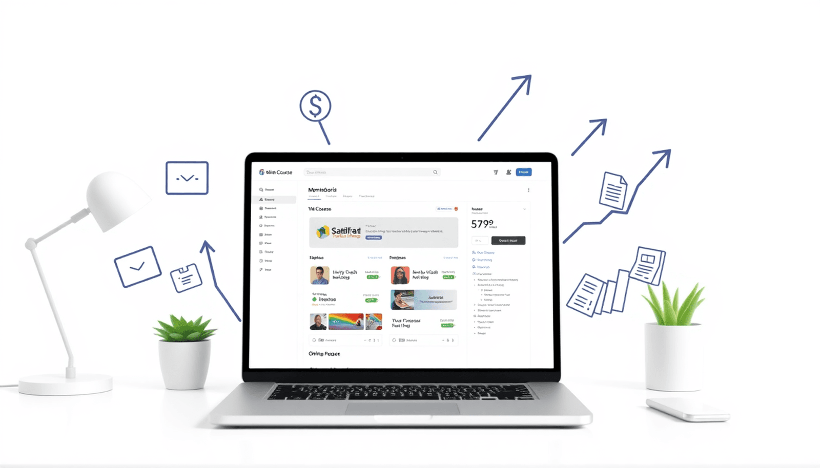 Minimalist workspace with laptop showing membership site dashboard, surrounded by video icons, documents, and arrows symbolizing growth and recurring revenue.