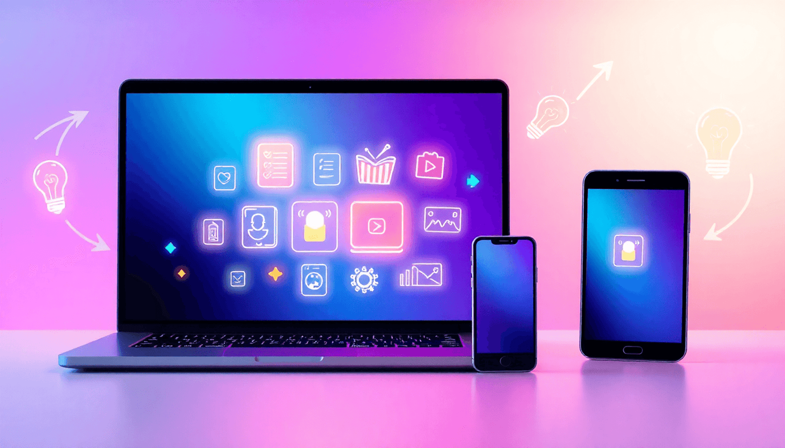 Laptop, tablet, and smartphone with glowing icons for ebooks, videos, and courses, surrounded by arrows and lightbulbs on a vibrant gradient background.