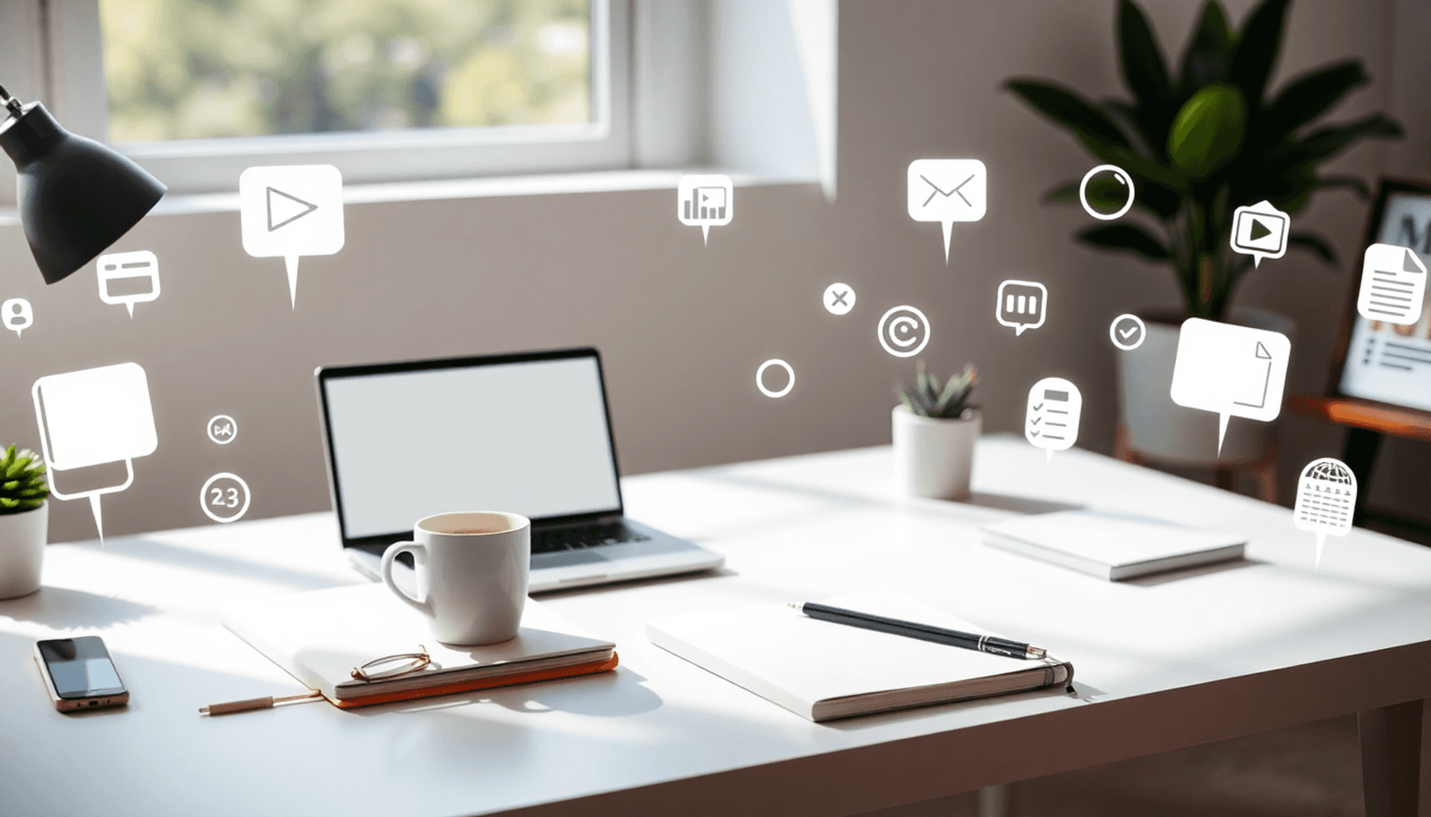Modern workspace with laptop, notebooks, coffee, and digital content icons in soft natural light, conveying productivity and expert coaching.