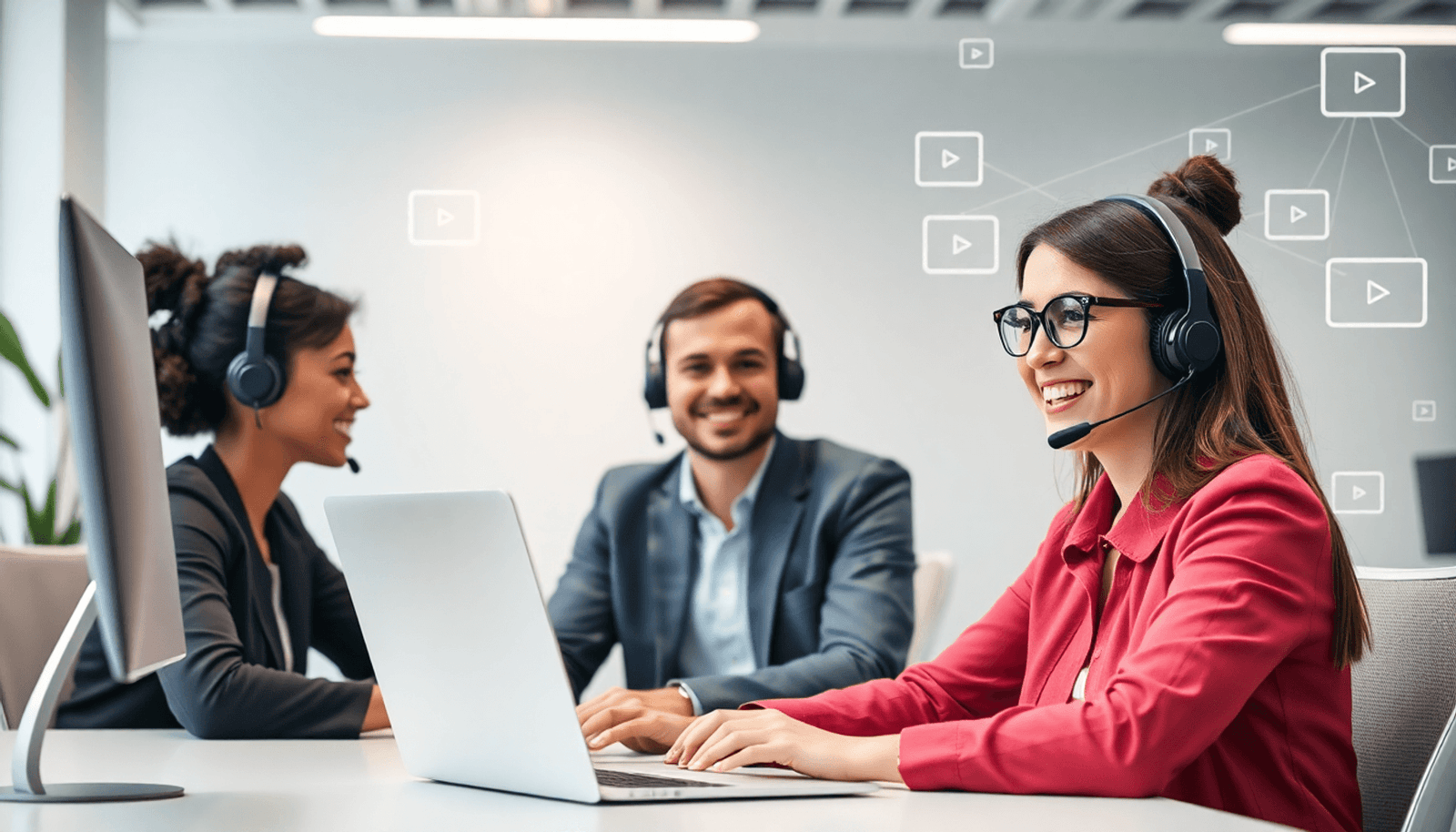 Modern customer support center with agents wearing headsets, engaging warmly; digital course icons subtly in background; clean, professional, minimalist style.