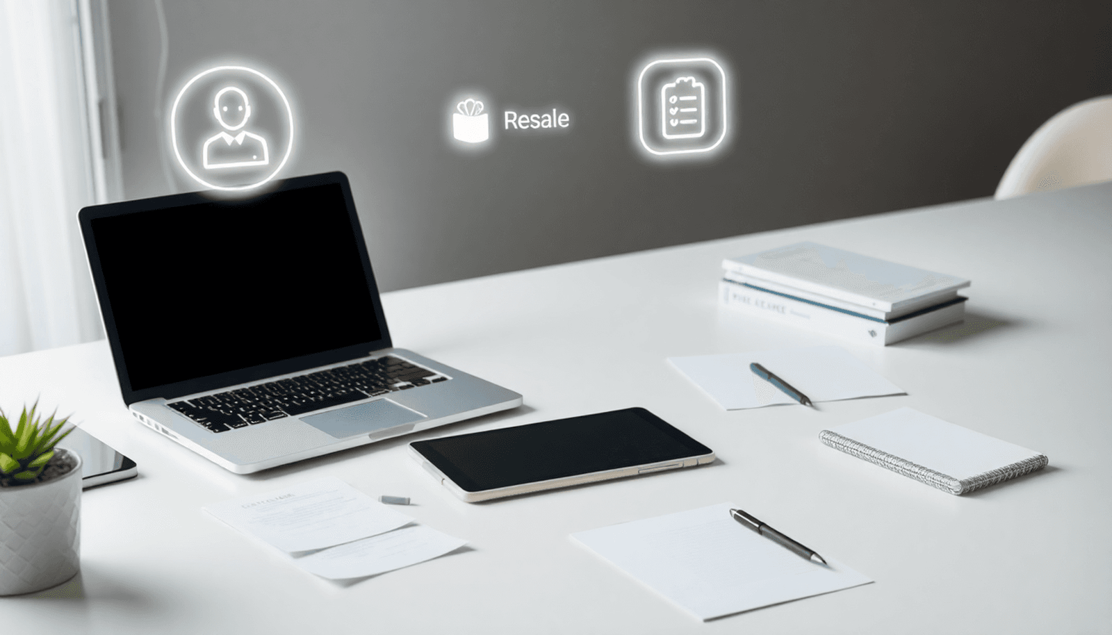 Minimalist workspace with laptop, tablet, notes, and glowing abstract icons for customization, resale, and rights transfer in a clean, modern setting.
