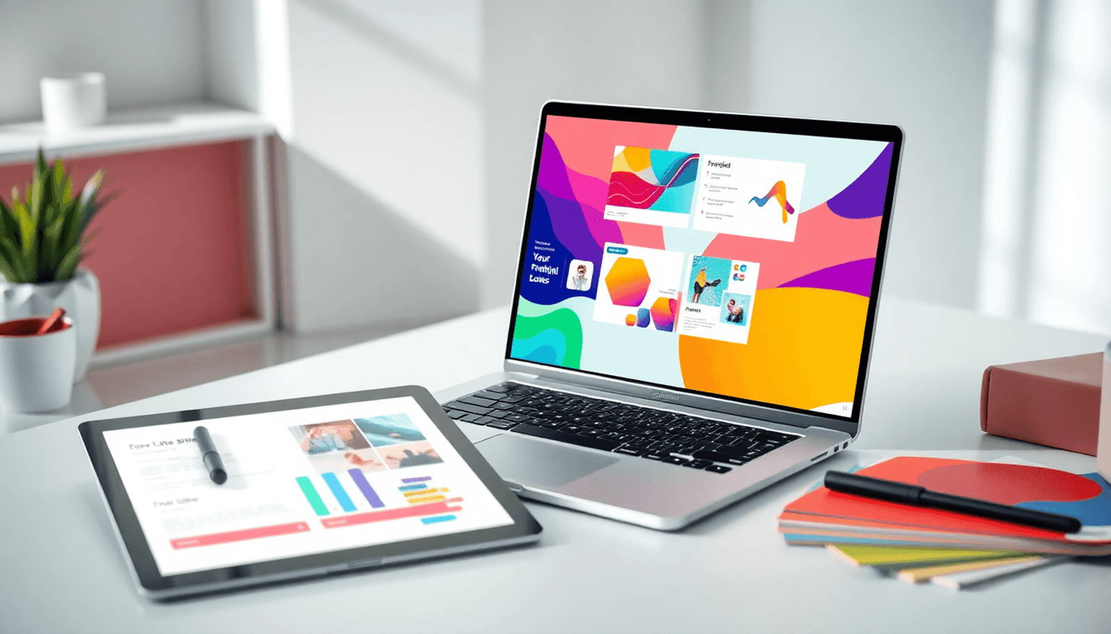 Modern workspace with a sleek laptop showing colorful slides, accompanied by a tablet, stylus, and vibrant color swatches in a minimalist setting.