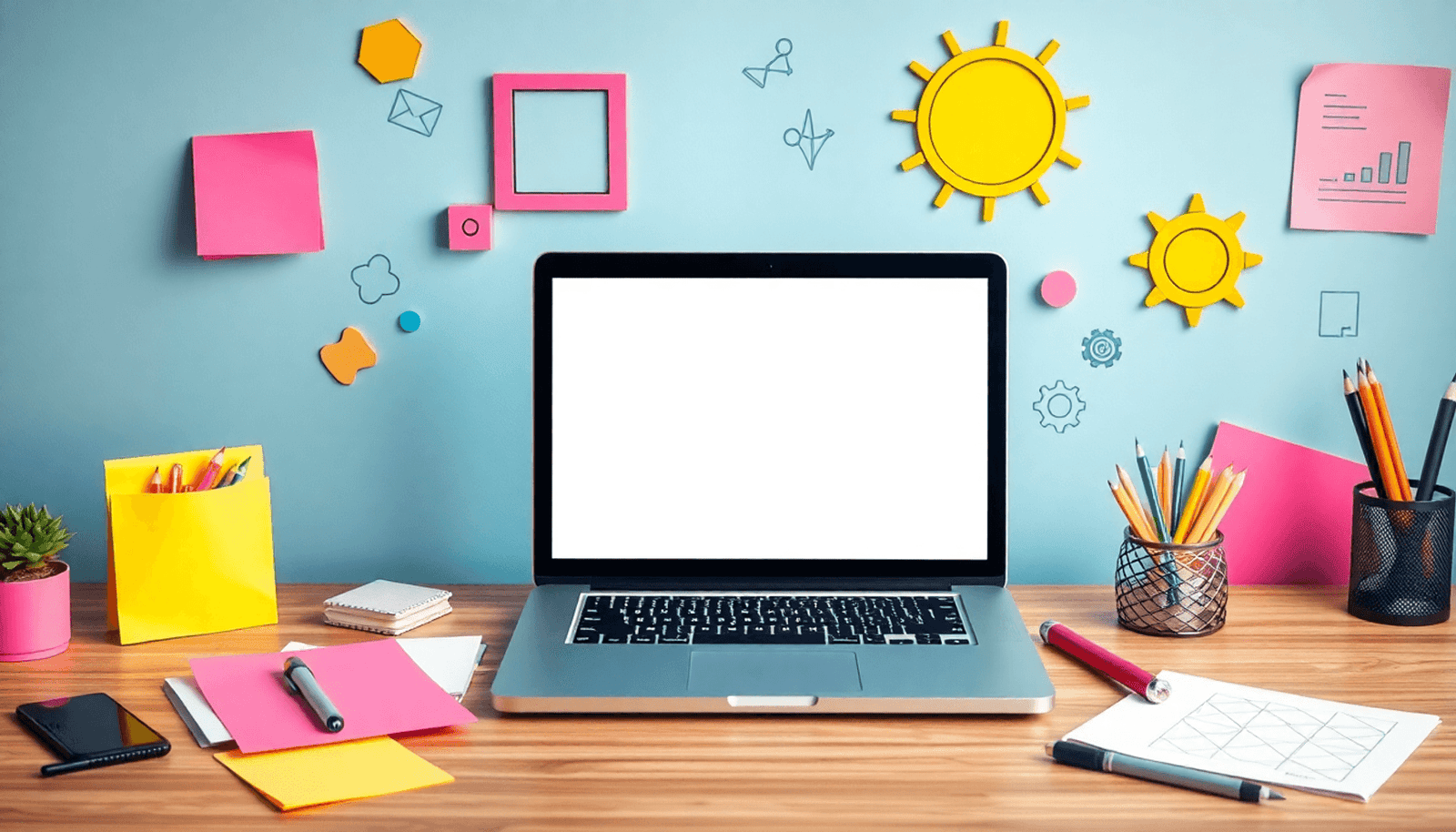 Laptop on a desk with colorful notes, sketches, and digital tools, set against vibrant abstract shapes symbolizing e-learning and creativity.