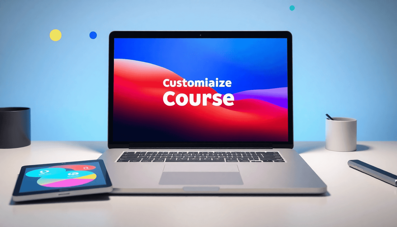 Modern digital workspace with a laptop showing an online course, tablet with design tools, vibrant abstract shapes, and e-learning icons on a clean background.