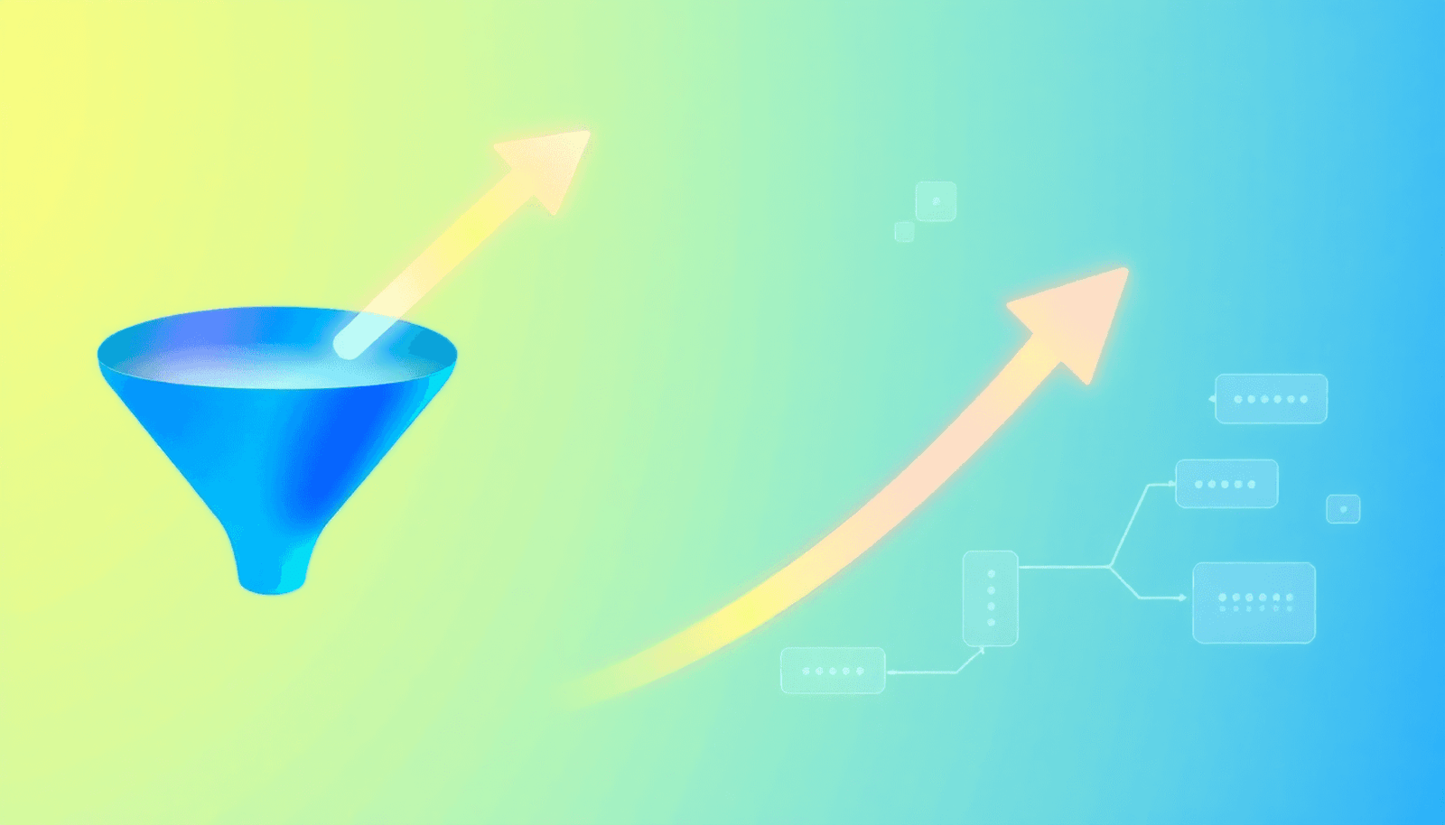 Abstract digital marketing funnel with glowing arrows, vibrant blue and green hues, customizable content blocks, and interconnected pathways in a minimalist sty