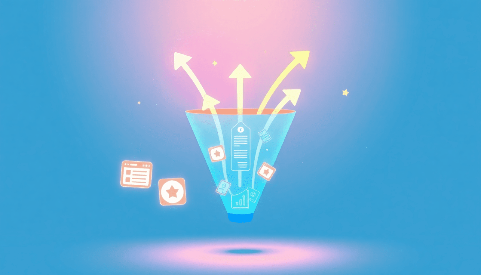 Stylized sales funnel with glowing arrows and abstract icons of online courses flowing through, set on a vibrant, tech-inspired geometric background.