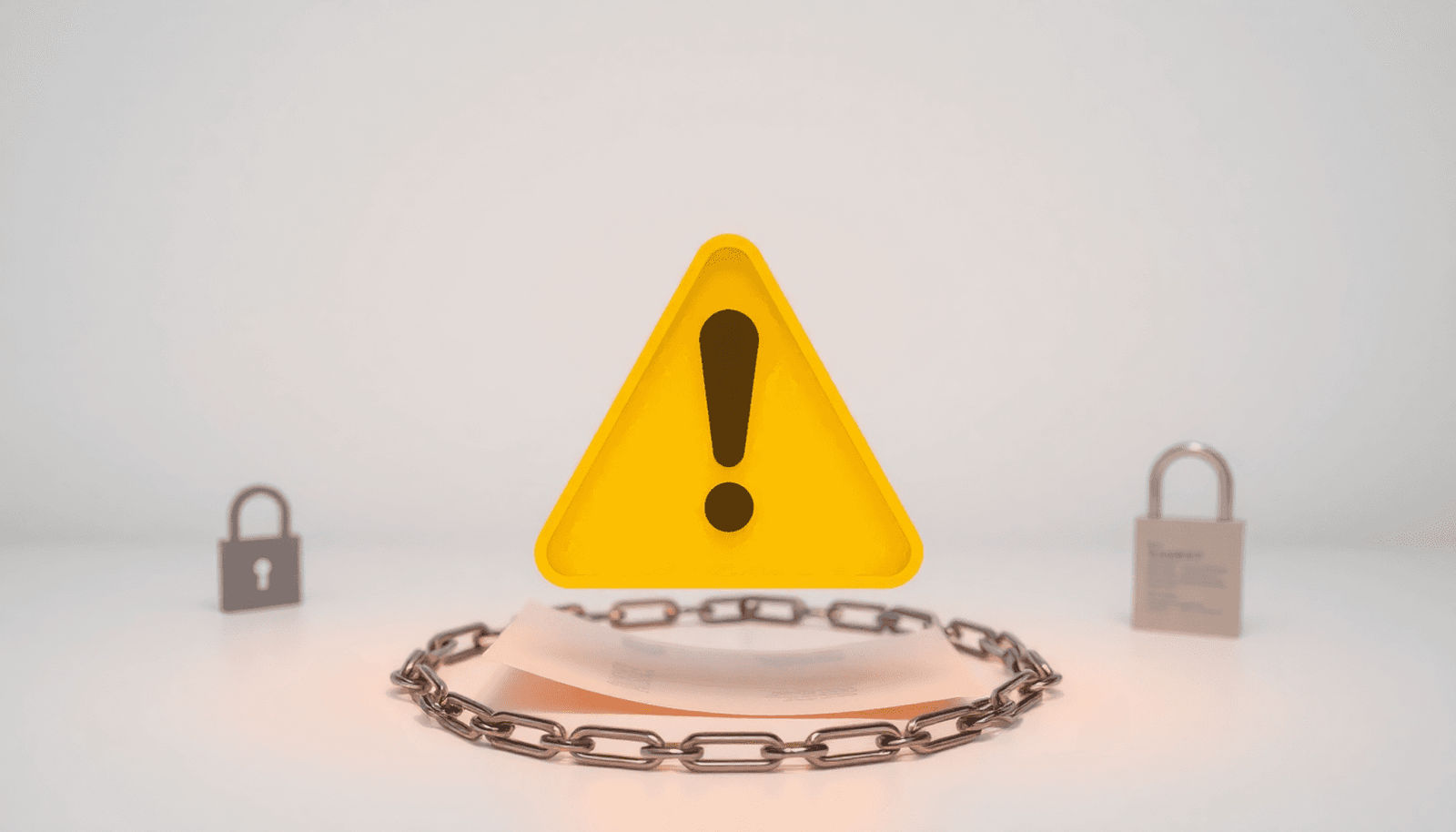 Caution symbol surrounded by digital documents, legal icons, and subtle chains on a clean background, symbolizing vigilance in licensing decisions.